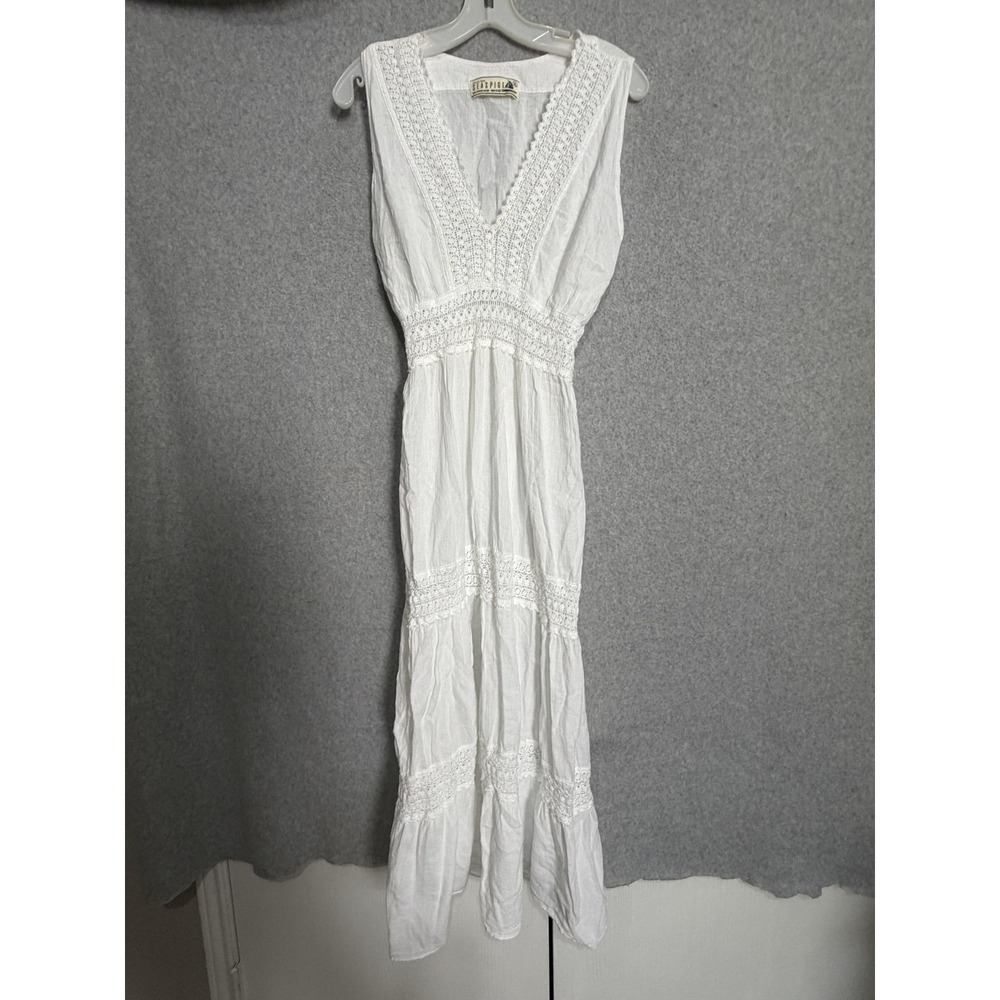 Seaspice Dress Womens XL White Crochet V Neck Smocked Tiered Maxi Boho Sundress